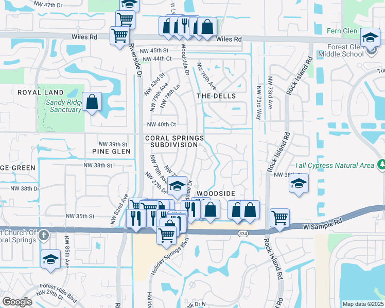 map of restaurants, bars, coffee shops, grocery stores, and more near 3920 Woodside Drive in Coral Springs