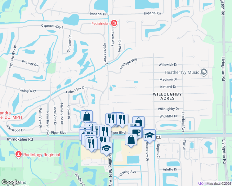 map of restaurants, bars, coffee shops, grocery stores, and more near 25 Mentor Drive in Naples