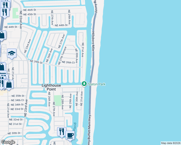 map of restaurants, bars, coffee shops, grocery stores, and more near 1044 Hillsboro Mile in Hillsboro Beach