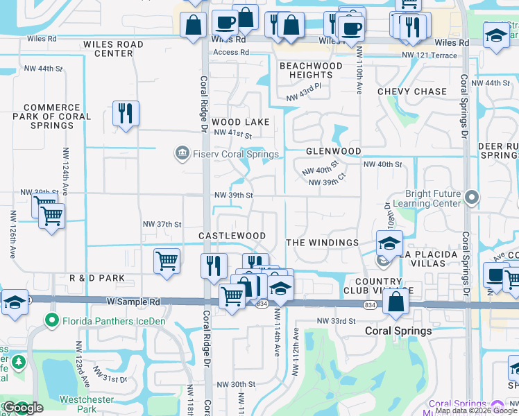 map of restaurants, bars, coffee shops, grocery stores, and more near 11430 Northwest 39th Street in Coral Springs