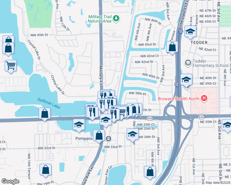 map of restaurants, bars, coffee shops, grocery stores, and more near 821 Crystal Lake Drive in Pompano Beach