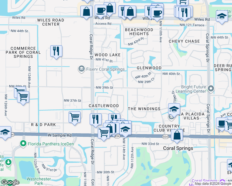 map of restaurants, bars, coffee shops, grocery stores, and more near 11430 Northwest 39th Street in Coral Springs