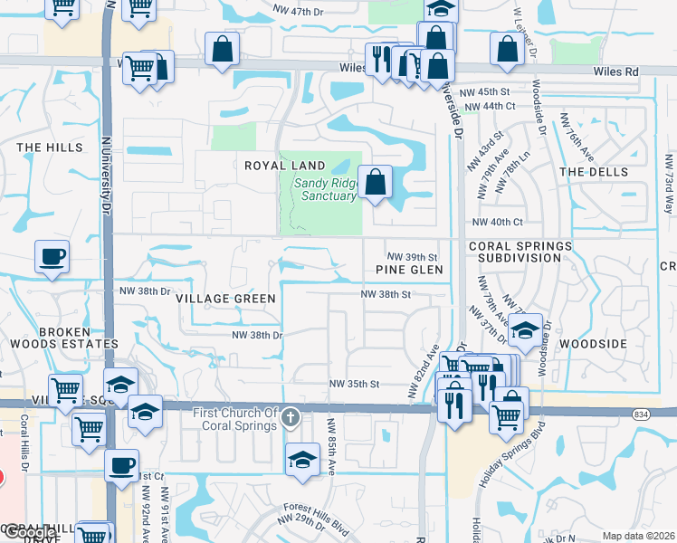 map of restaurants, bars, coffee shops, grocery stores, and more near 8465 Northwest 39th Court in Coral Springs