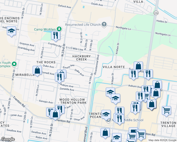map of restaurants, bars, coffee shops, grocery stores, and more near 1912 Emory Avenue in McAllen
