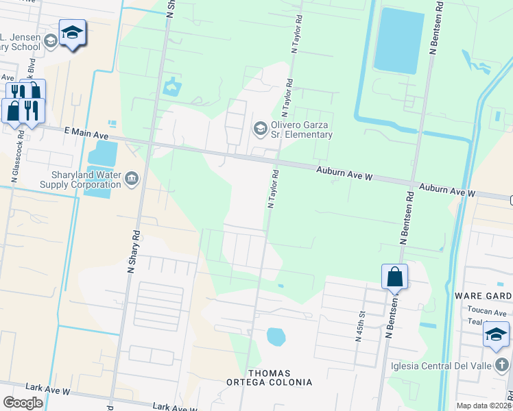 map of restaurants, bars, coffee shops, grocery stores, and more near 6213 North Taylor Road in McAllen