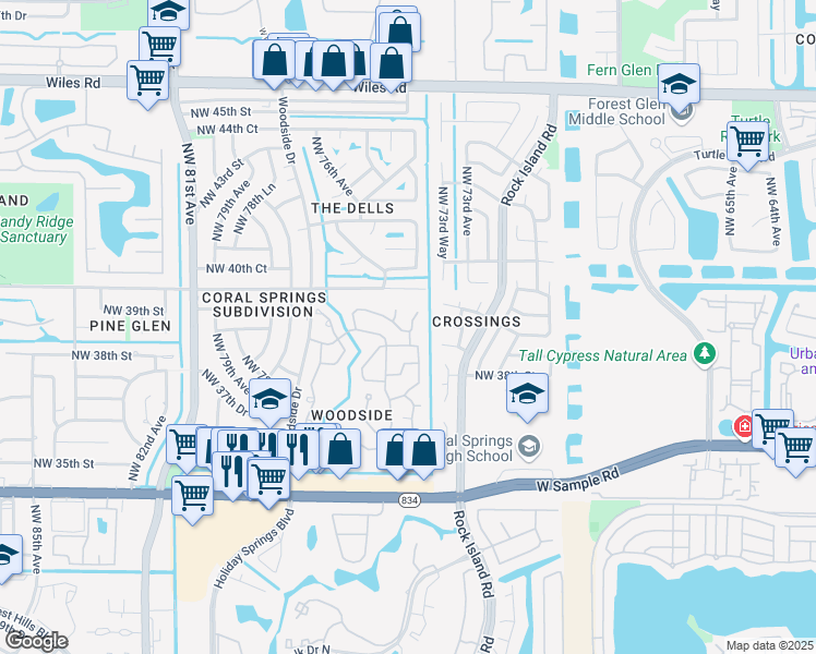 map of restaurants, bars, coffee shops, grocery stores, and more near 3900 Wild Lime Lane in Coral Springs
