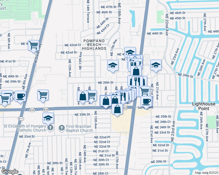 map of restaurants, bars, coffee shops, grocery stores, and more near 3870 Northeast 16th Avenue in Pompano Beach
