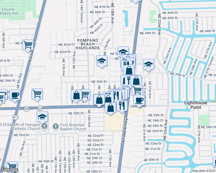 map of restaurants, bars, coffee shops, grocery stores, and more near 3860 Northeast 17th Avenue in Pompano Beach