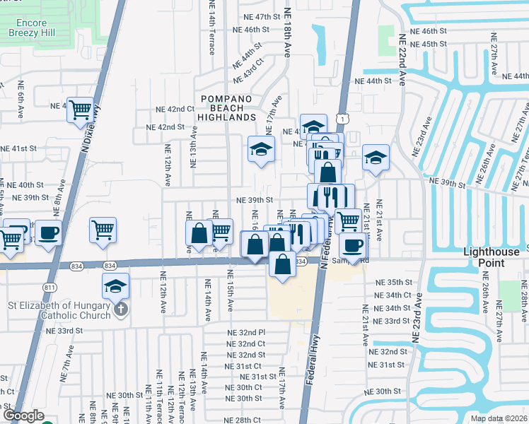 map of restaurants, bars, coffee shops, grocery stores, and more near 3870 Northeast 16th Avenue in Pompano Beach