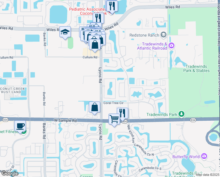 map of restaurants, bars, coffee shops, grocery stores, and more near 3860 Lyons Road in Coconut Creek