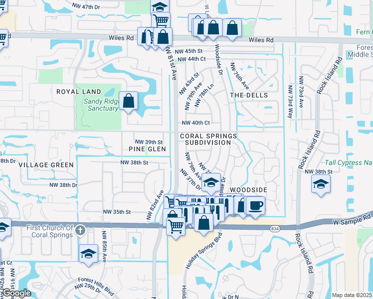 map of restaurants, bars, coffee shops, grocery stores, and more near 7814 Northwest 39th Court in Coral Springs