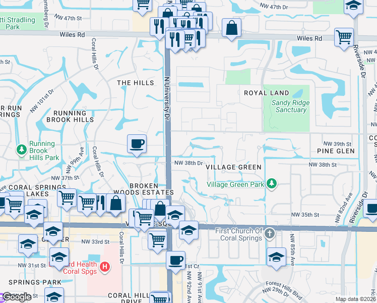 map of restaurants, bars, coffee shops, grocery stores, and more near 9154 Northwest 39th Street in Coral Springs