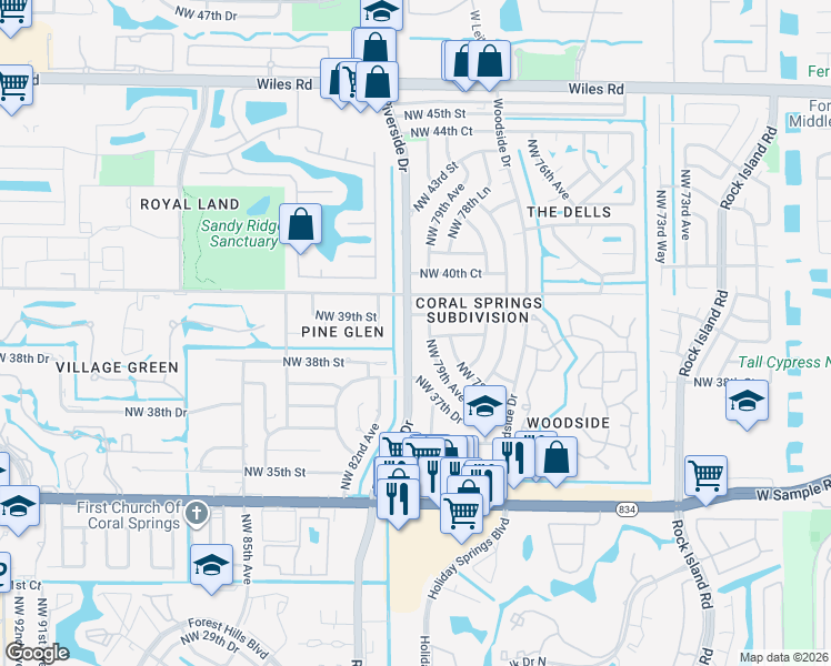 map of restaurants, bars, coffee shops, grocery stores, and more near 3881 Riverside Drive in Coral Springs