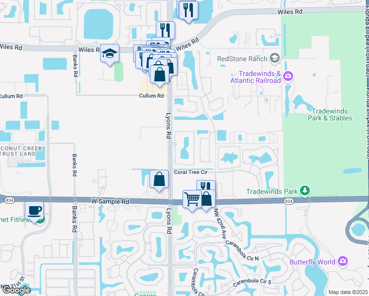 map of restaurants, bars, coffee shops, grocery stores, and more near 3870 Lyons Road in Coconut Creek