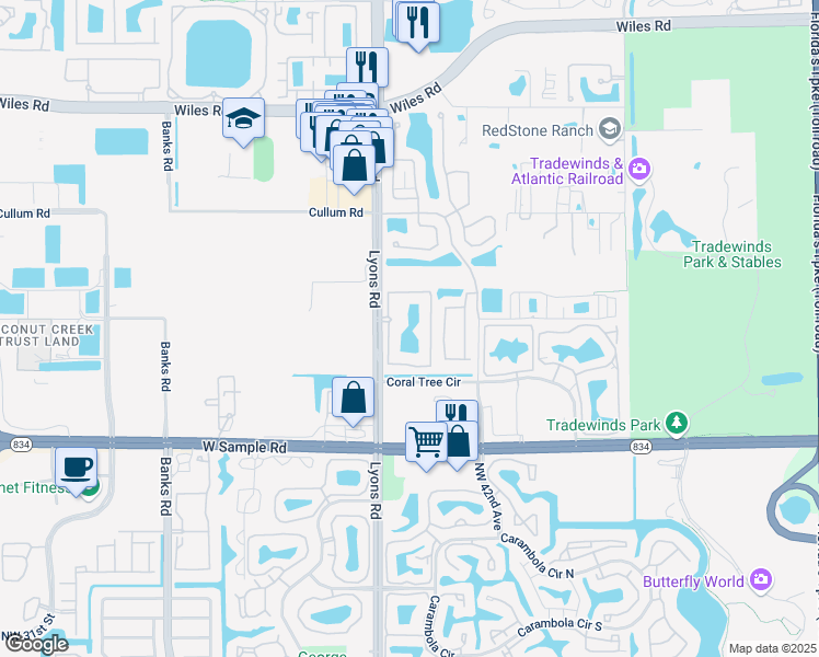 map of restaurants, bars, coffee shops, grocery stores, and more near 3854 Lyons Road in Coconut Creek