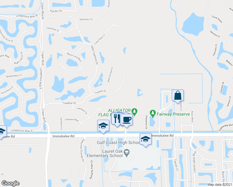 map of restaurants, bars, coffee shops, grocery stores, and more near 7476 Treeline Drive in Naples