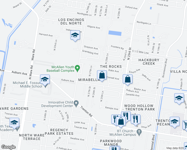map of restaurants, bars, coffee shops, grocery stores, and more near 2412 Baylor Avenue in McAllen