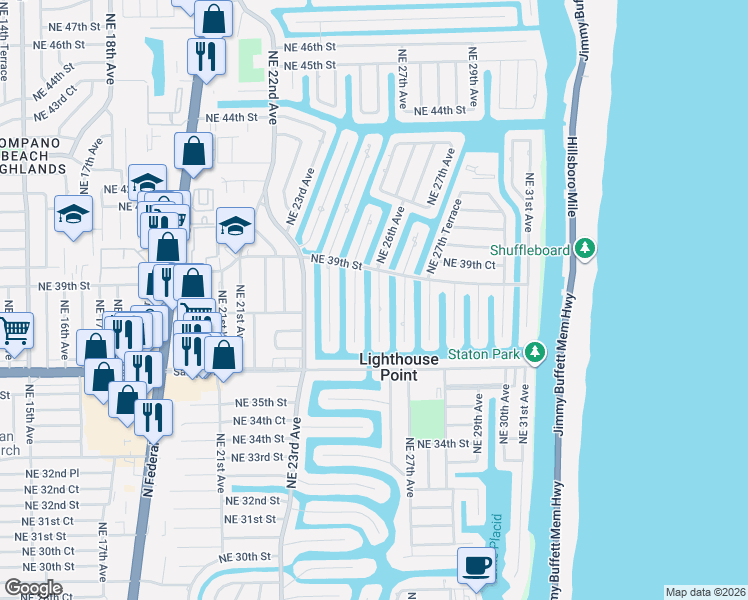map of restaurants, bars, coffee shops, grocery stores, and more near 3830 Northeast 26th Avenue in Lighthouse Point