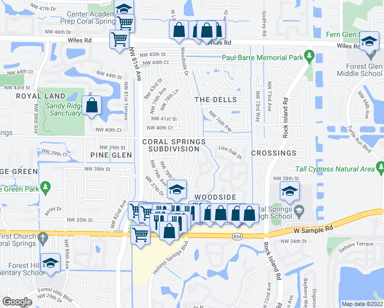 map of restaurants, bars, coffee shops, grocery stores, and more near 3920 Woodside Drive in Coral Springs
