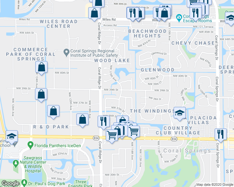 map of restaurants, bars, coffee shops, grocery stores, and more near 11560 Northwest 39th Street in Coral Springs
