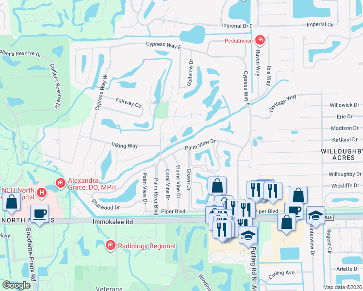 map of restaurants, bars, coffee shops, grocery stores, and more near 633 Palm View Drive in Naples