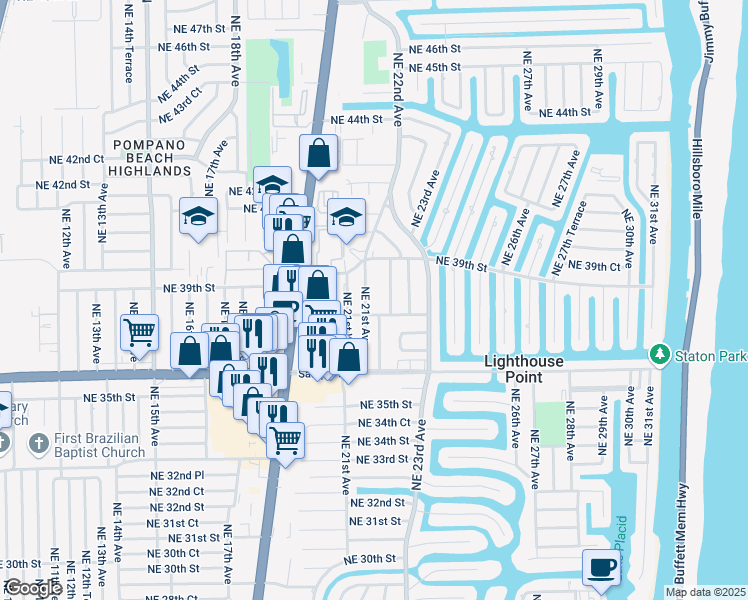 map of restaurants, bars, coffee shops, grocery stores, and more near 12a Northeast 21st Avenue in Lighthouse Point