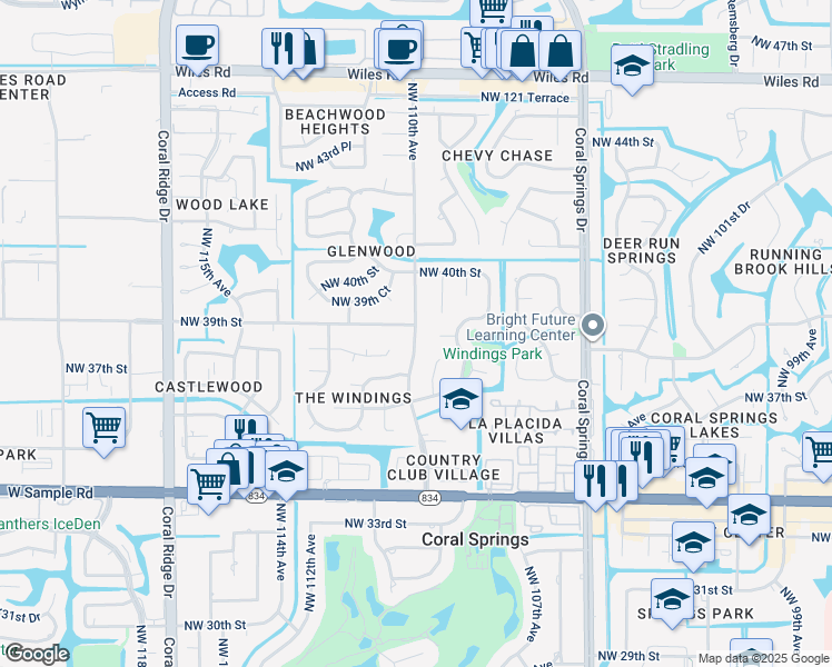 map of restaurants, bars, coffee shops, grocery stores, and more near 3861 Northwest 110th Avenue in Coral Springs