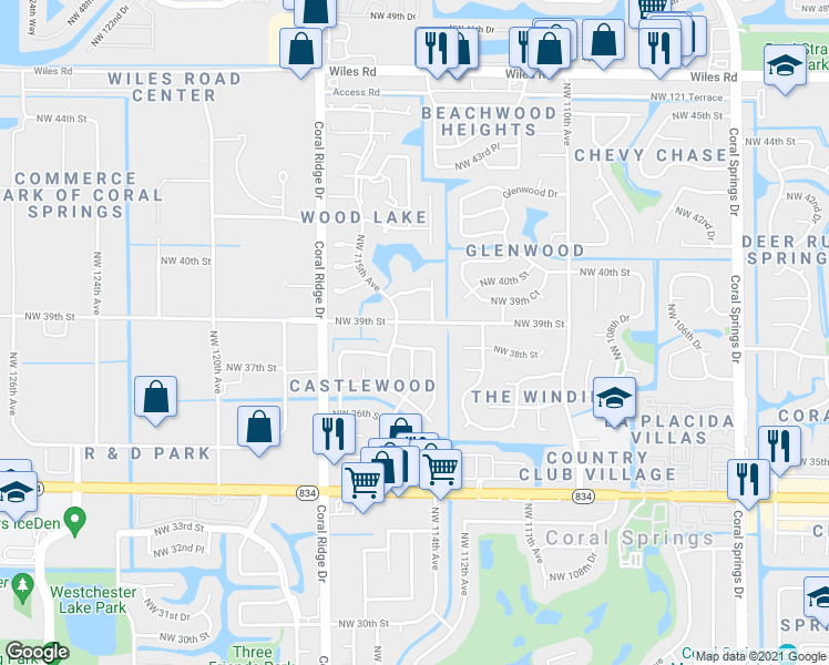 map of restaurants, bars, coffee shops, grocery stores, and more near 11430 Northwest 39th Street in Coral Springs
