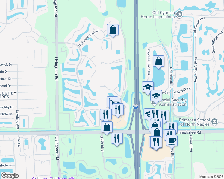 map of restaurants, bars, coffee shops, grocery stores, and more near 5629 Whisperwood Boulevard in Naples