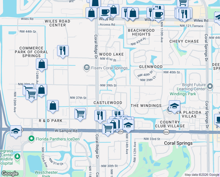 map of restaurants, bars, coffee shops, grocery stores, and more near 11560 Northwest 39th Street in Coral Springs