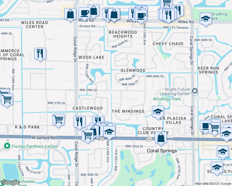 map of restaurants, bars, coffee shops, grocery stores, and more near 11280 Northwest 39th Street in Coral Springs