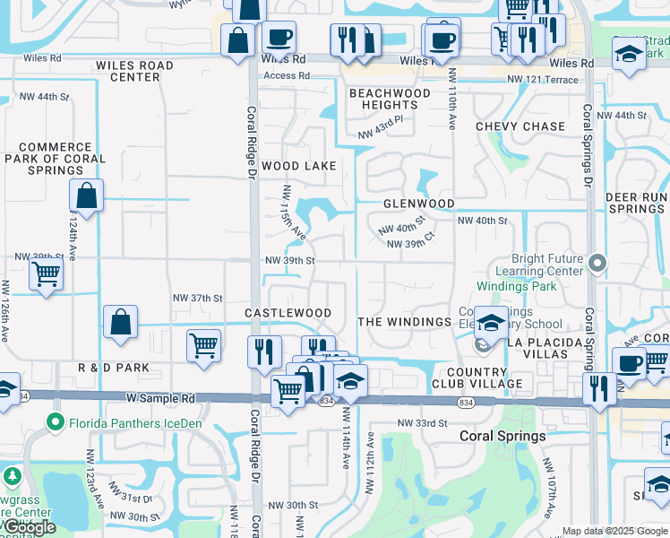 map of restaurants, bars, coffee shops, grocery stores, and more near 11430 Northwest 39th Street in Coral Springs