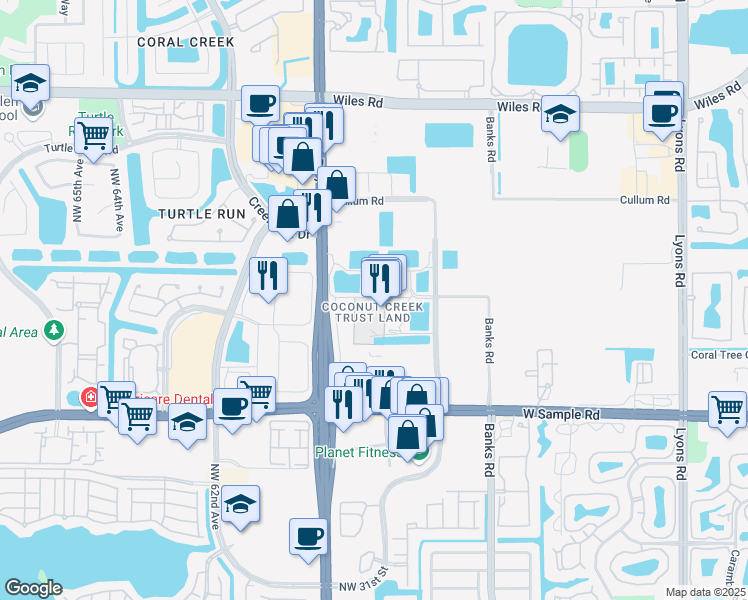 map of restaurants, bars, coffee shops, grocery stores, and more near 5550 Northwest 40th Street in Coconut Creek