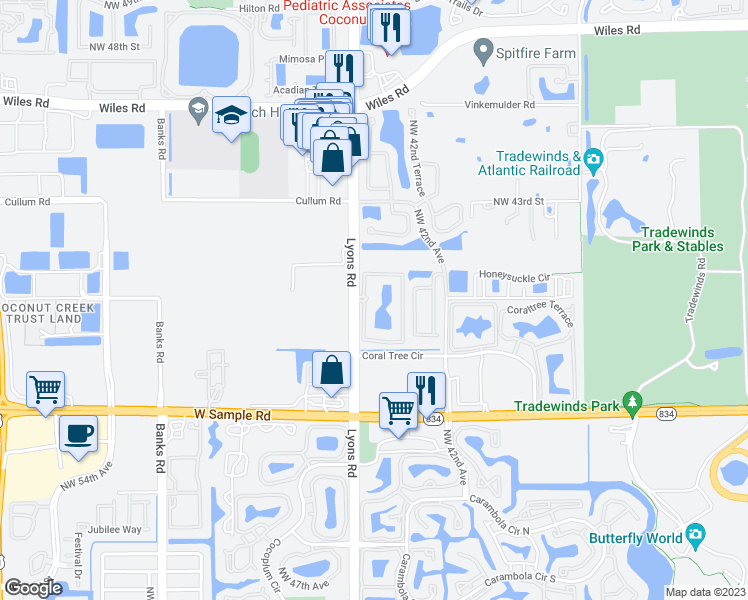 map of restaurants, bars, coffee shops, grocery stores, and more near 3860 Lyons Road in Coconut Creek