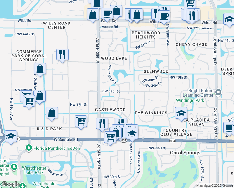 map of restaurants, bars, coffee shops, grocery stores, and more near 3850 Northwest 115th Avenue in Coral Springs