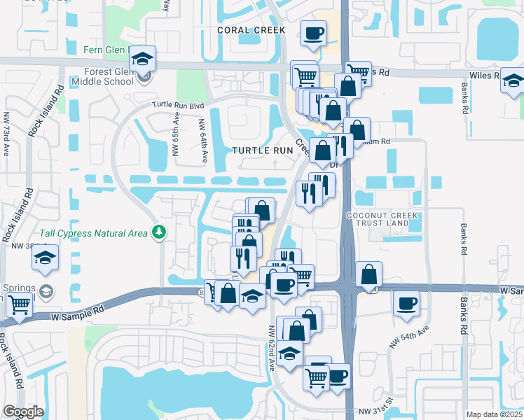 map of restaurants, bars, coffee shops, grocery stores, and more near 6223 Northwest 38th Drive in Coral Springs