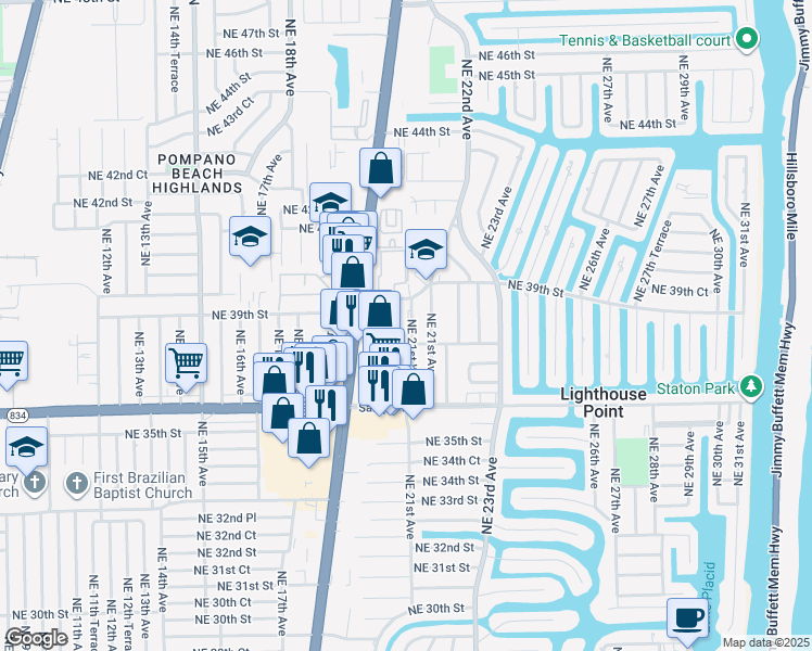 map of restaurants, bars, coffee shops, grocery stores, and more near 2050 Northeast 39th Street in Lighthouse Point