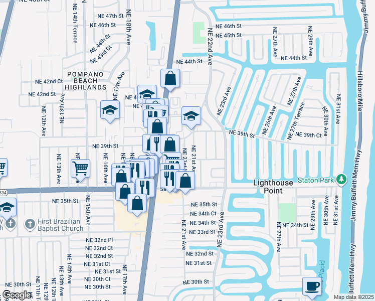 map of restaurants, bars, coffee shops, grocery stores, and more near 12a Northeast 21st Avenue in Lighthouse Point