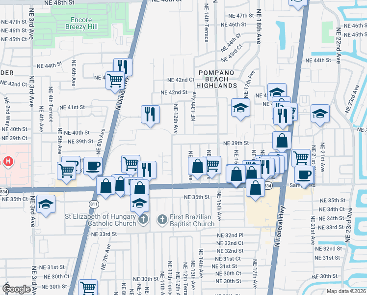map of restaurants, bars, coffee shops, grocery stores, and more near 1290 Northeast 39th Street in Pompano Beach