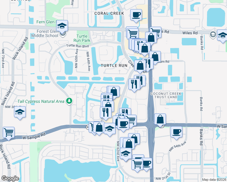 map of restaurants, bars, coffee shops, grocery stores, and more near 6223 Northwest 38th Drive in Coral Springs