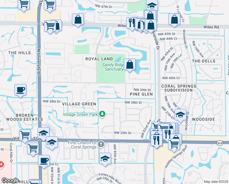 map of restaurants, bars, coffee shops, grocery stores, and more near 8465 Northwest 39th Court in Coral Springs