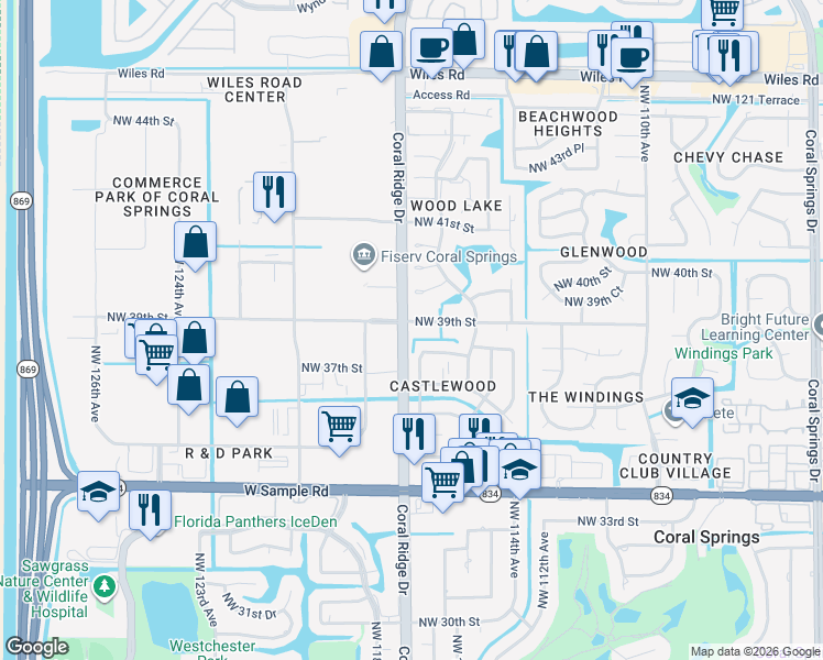 map of restaurants, bars, coffee shops, grocery stores, and more near 3400 Northwest 39th Street in Coral Springs