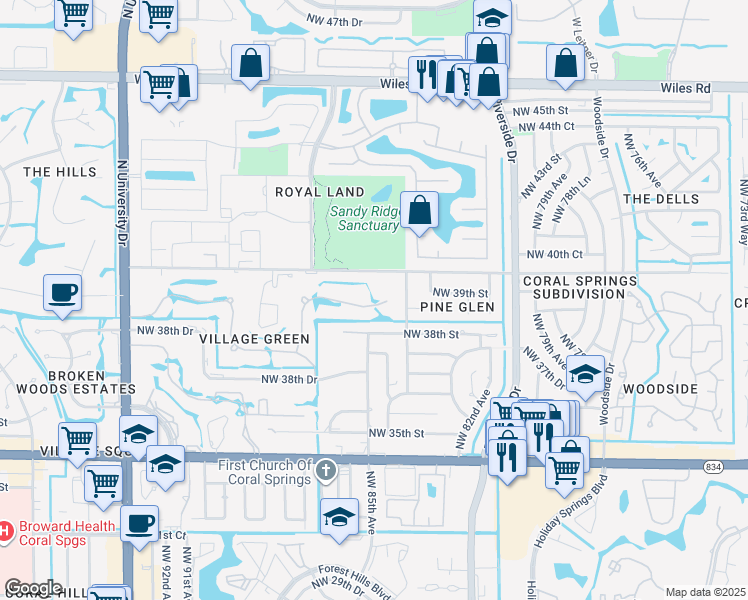 map of restaurants, bars, coffee shops, grocery stores, and more near 8465 Northwest 39th Court in Coral Springs