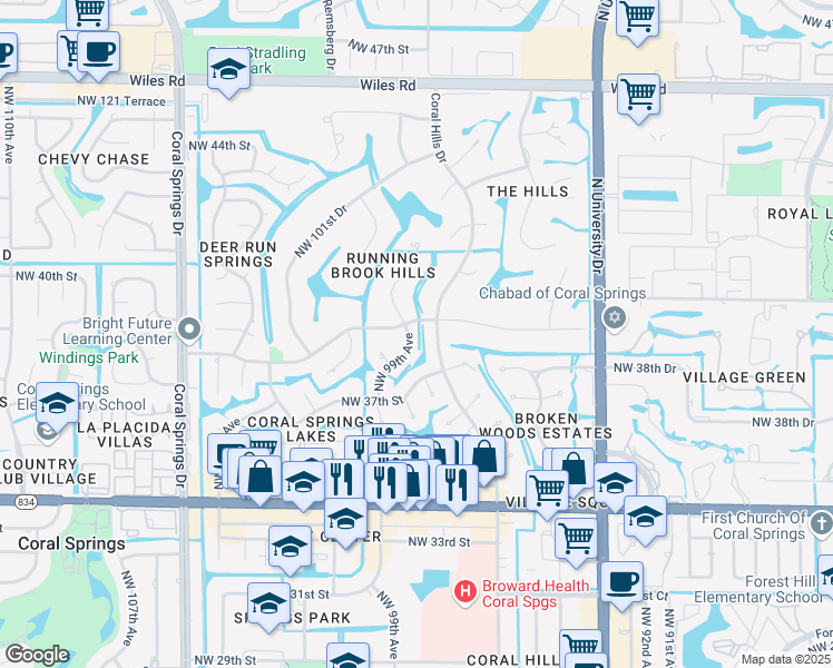 map of restaurants, bars, coffee shops, grocery stores, and more near 3881 Northwest 99th Avenue in Coral Springs