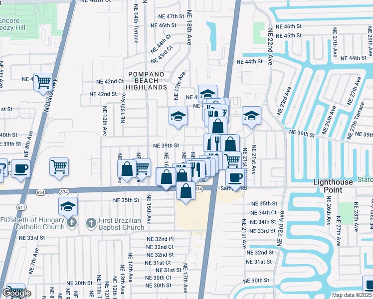 map of restaurants, bars, coffee shops, grocery stores, and more near 3860 Northeast 17th Avenue in Pompano Beach