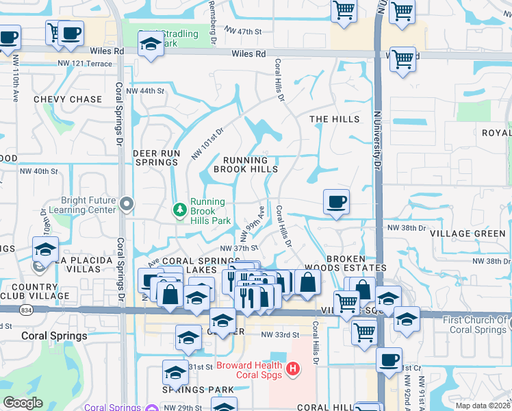 map of restaurants, bars, coffee shops, grocery stores, and more near 3881 Northwest 99th Avenue in Coral Springs