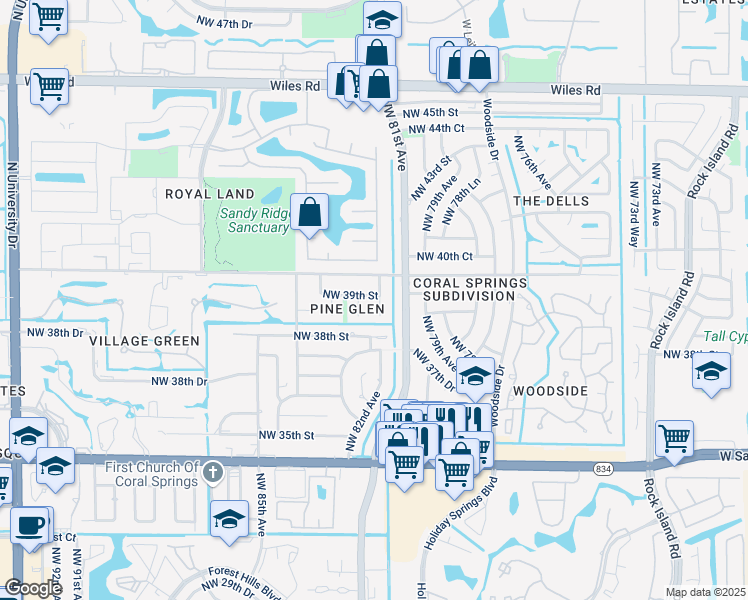 map of restaurants, bars, coffee shops, grocery stores, and more near 3880 Northwest 81st Terrace in Coral Springs