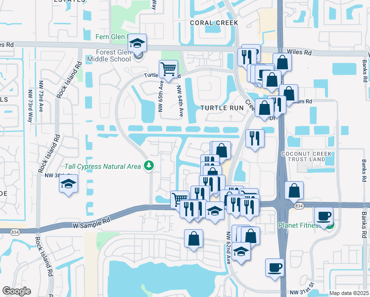 map of restaurants, bars, coffee shops, grocery stores, and more near 6375 Northwest 39th Street in Coral Springs