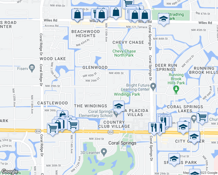 map of restaurants, bars, coffee shops, grocery stores, and more near 3861 Northwest 110th Avenue in Coral Springs