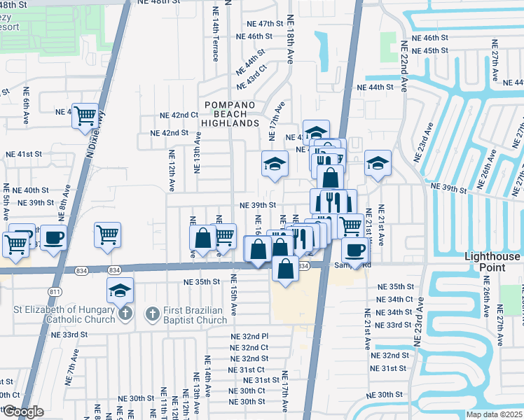map of restaurants, bars, coffee shops, grocery stores, and more near 3870 Northeast 16th Avenue in Pompano Beach